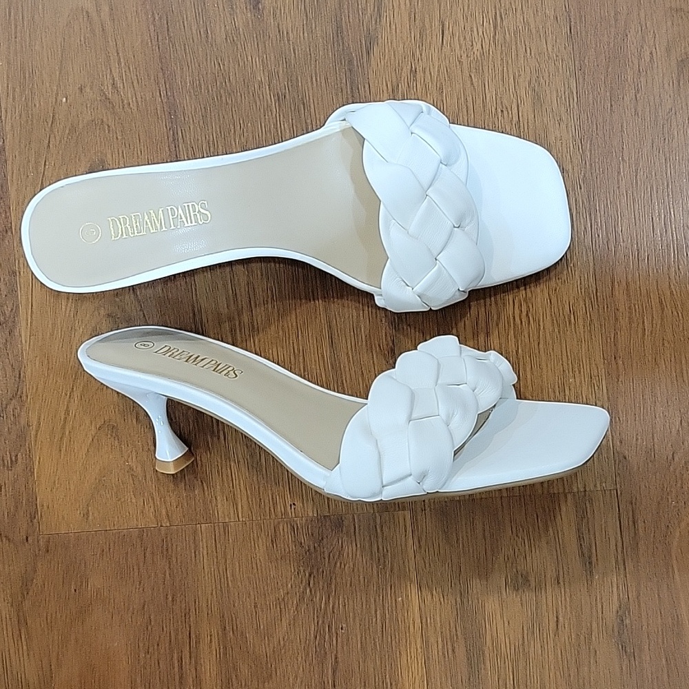 DREAM PAIRS white braided low kitten heel open square toe sandals slides 8 NEW…